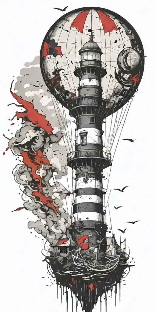 light house hot air balloon and shipwreck scene tattoo design idea