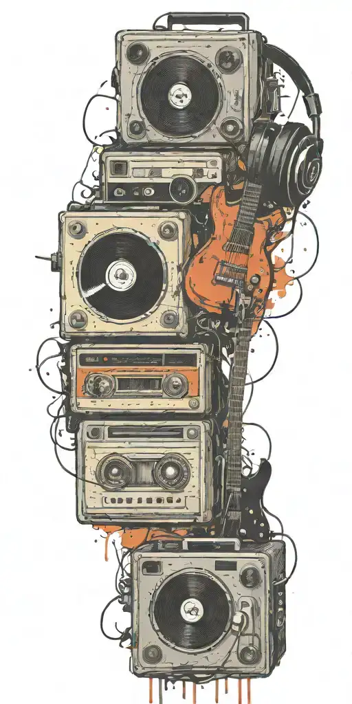 opened can of guitar, record player, cassette tape headphones dancing together  tattoo design idea