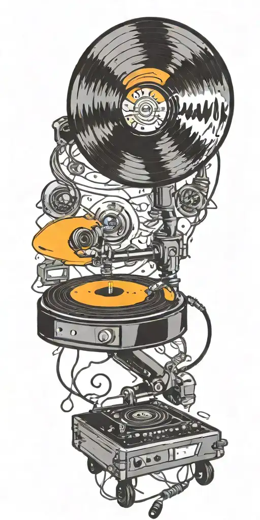 tornado of rock music record player, concert speakers, microphone  tattoo design idea