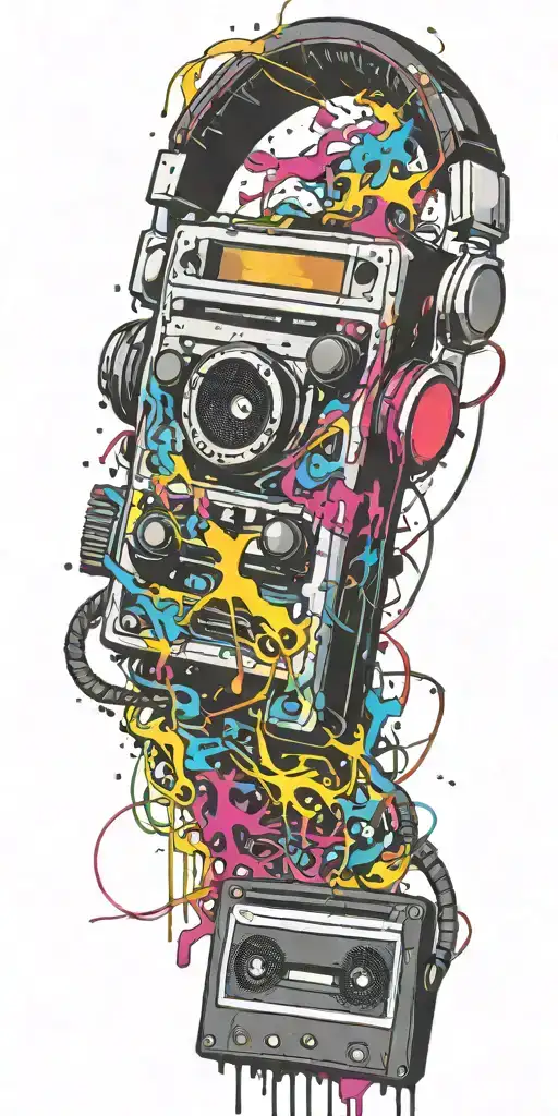 cassette tape, headphones, guitar bomb exploding tattoo design idea