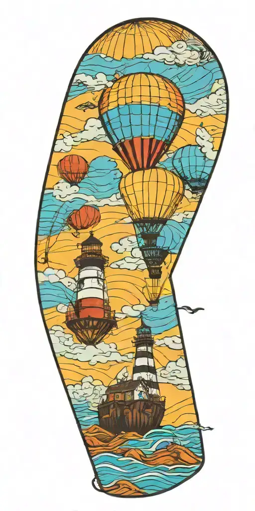 shipwreck hot air balloons and lighthouse tattoo design idea