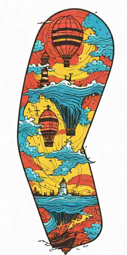 hot air balloon, lighthouse, and ship wreck in a tidal wave tattoo design idea