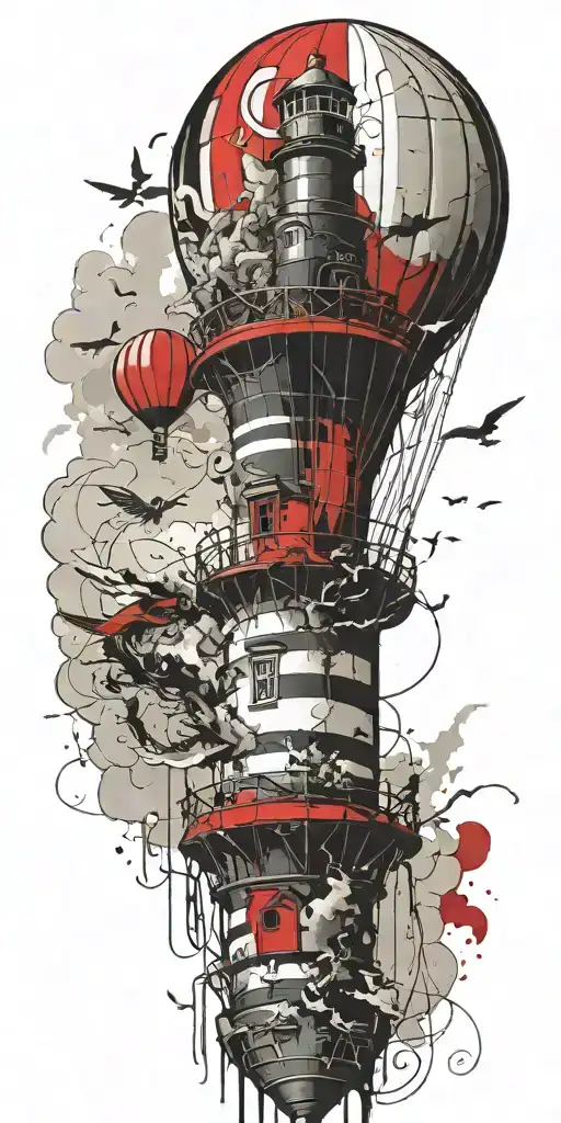 hot air balloon and lighthouse in a tornado never give up tattoo design idea