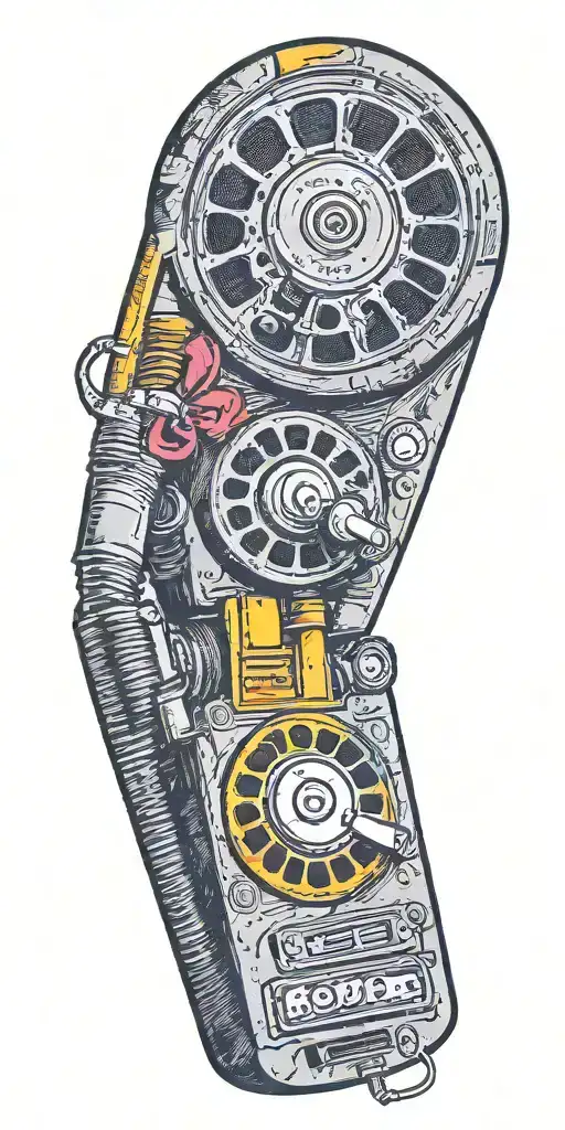 old school dial phone, microphone, record player spinning tattoo design idea