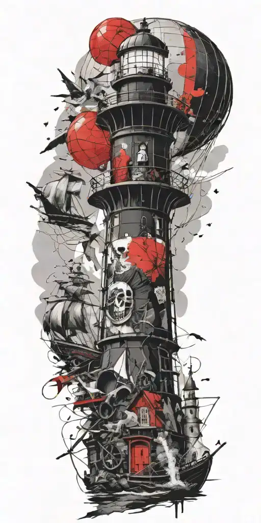 lighthouse with hot air balloon and pirate frozen tattoo design idea