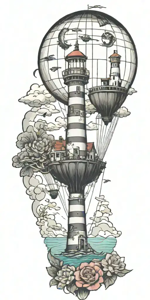 lighthouse mushroom hot air balloons and a shipwreck  tattoo design idea