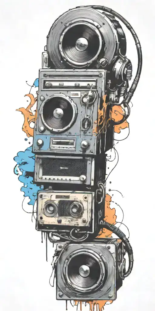 blues guitar, record player, cassette tape headphones  in a tornado tattoo design idea