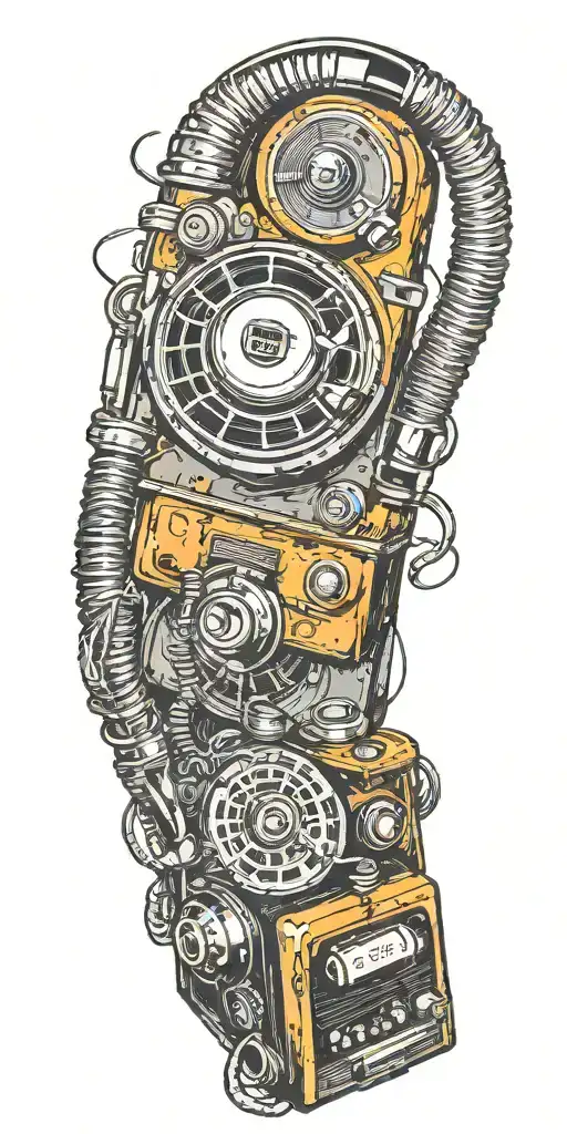 old school dial phone, music speakers, and record player tornado melting  tattoo design idea