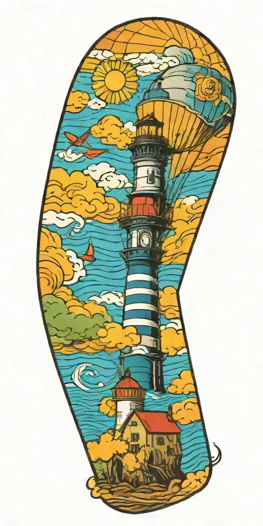 hot air balloon and a lighthouse in hurricane  tattoo design idea
