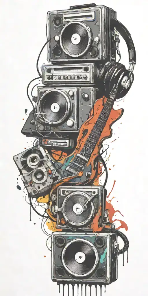 opened can of guitar, record player, cassette tape headphones dancing together  tattoo design idea