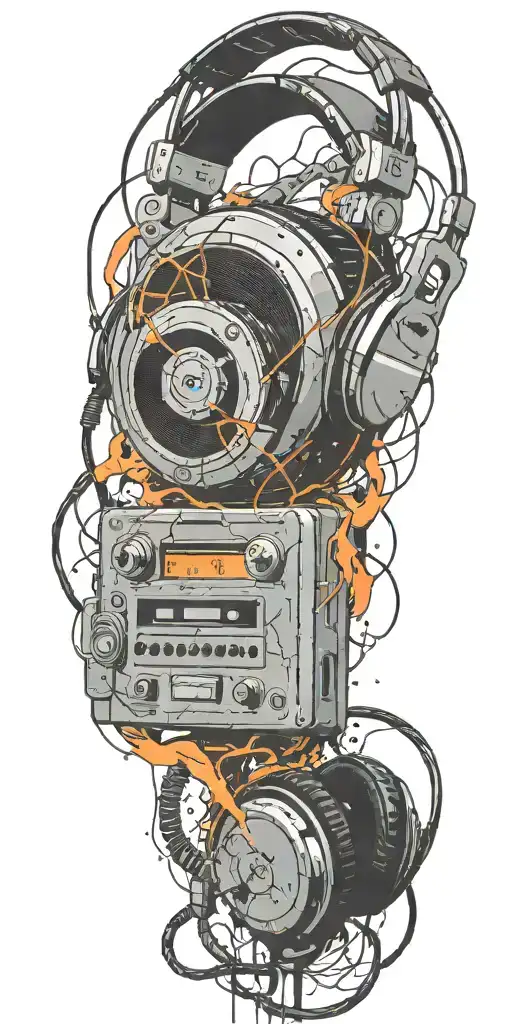 frozen audio cassette tape, headphones, guitar thunder storm  tattoo design idea