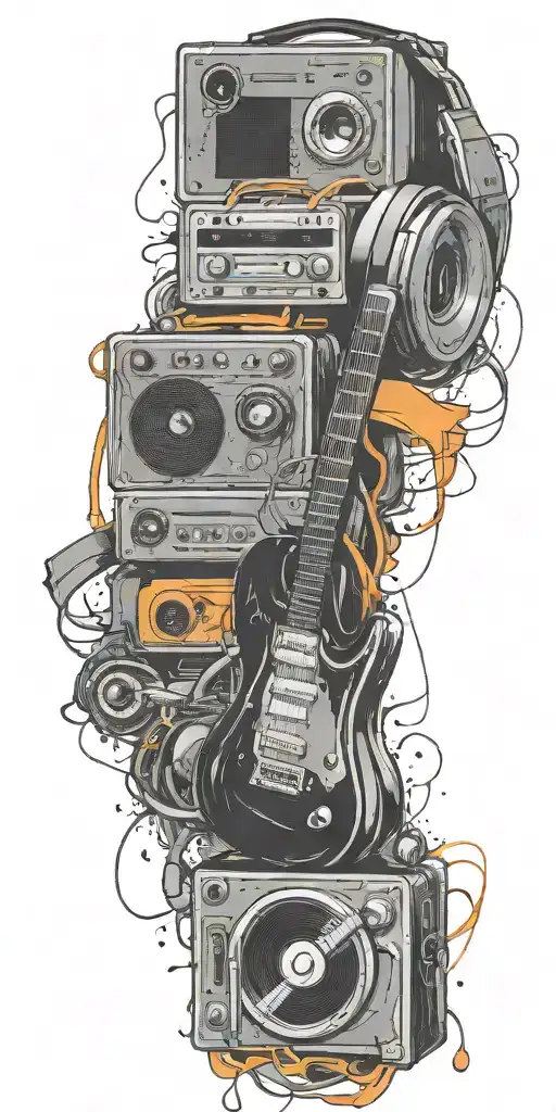 opened can of guitar, record player, cassette tape headphones twisted toget tattoo design idea