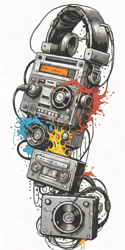 cassette tape, headphones, guitar bomb exploding tattoo design idea