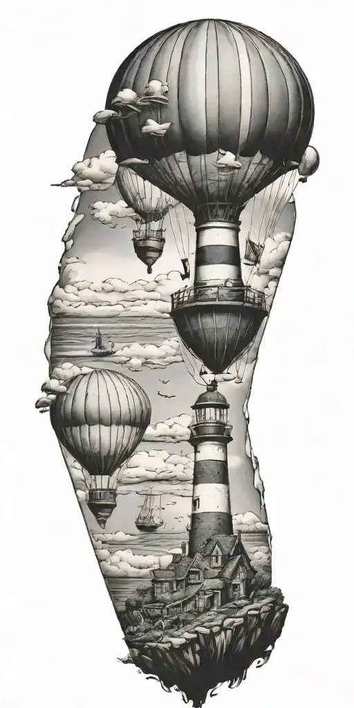 lighthouses mushroom hot air balloons and a shipwreck  tattoo design idea
