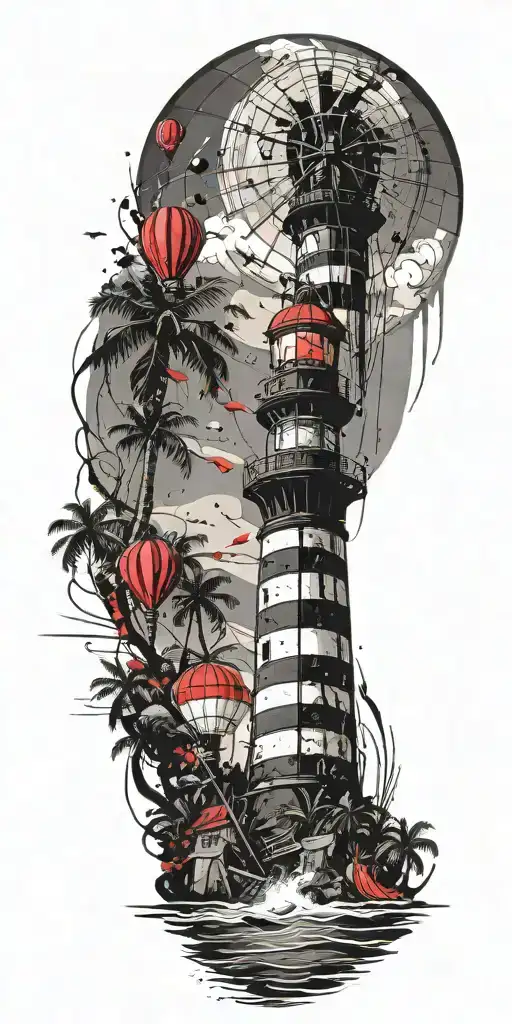 light house beach scene with palm trees and hot air balloons  tattoo design idea