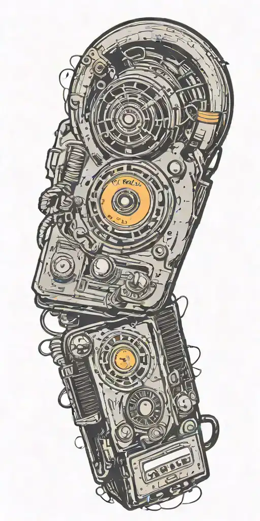old school dial phone, music speakers, and record player tornado melting  tattoo design idea
