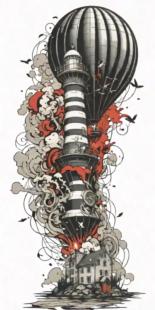 hot air balloon and lighthouse in a tornado never give up tattoo design idea