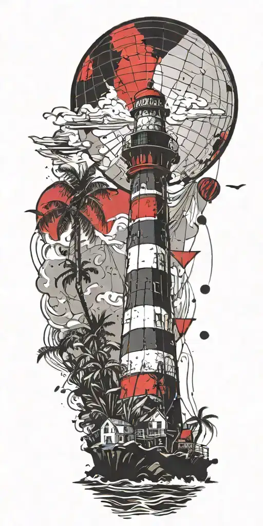 light house beach scene with palm trees and hot air balloons  tattoo design idea