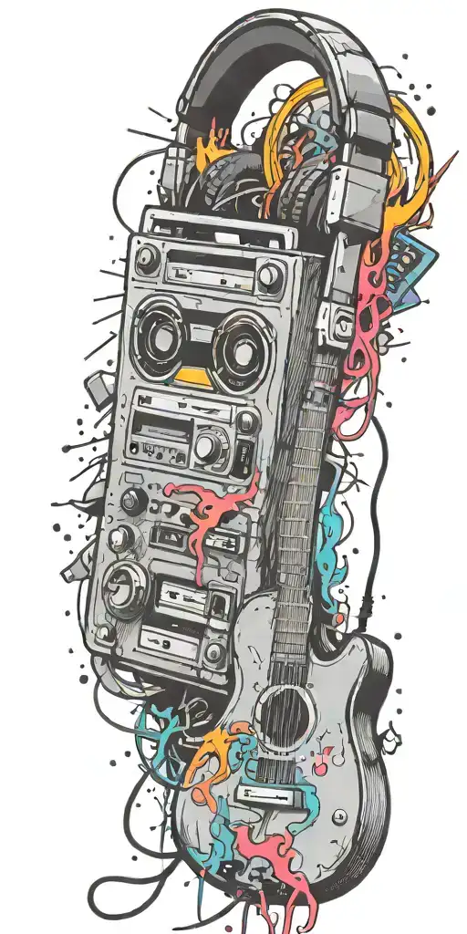 cassette tape, headphones, guitar bomb exploding tattoo design idea