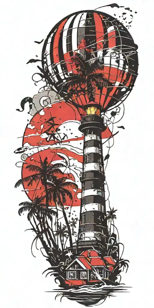 light house beach scene with palm trees and hot air balloons  tattoo design idea