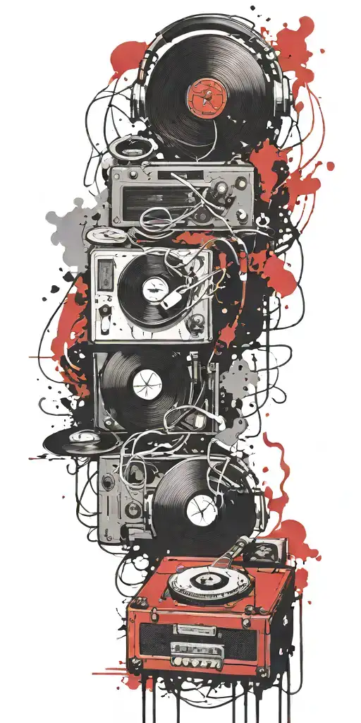 record player, headphones, guitar thunder storm  tattoo design idea