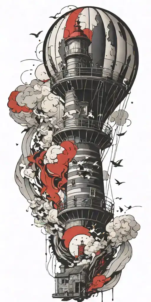 hot air balloon and lighthouse in a tornado never give up tattoo design idea