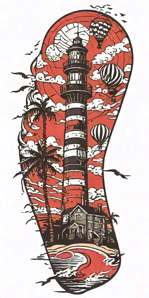 light house beach scene with palm trees and hot air balloons  tattoo design idea