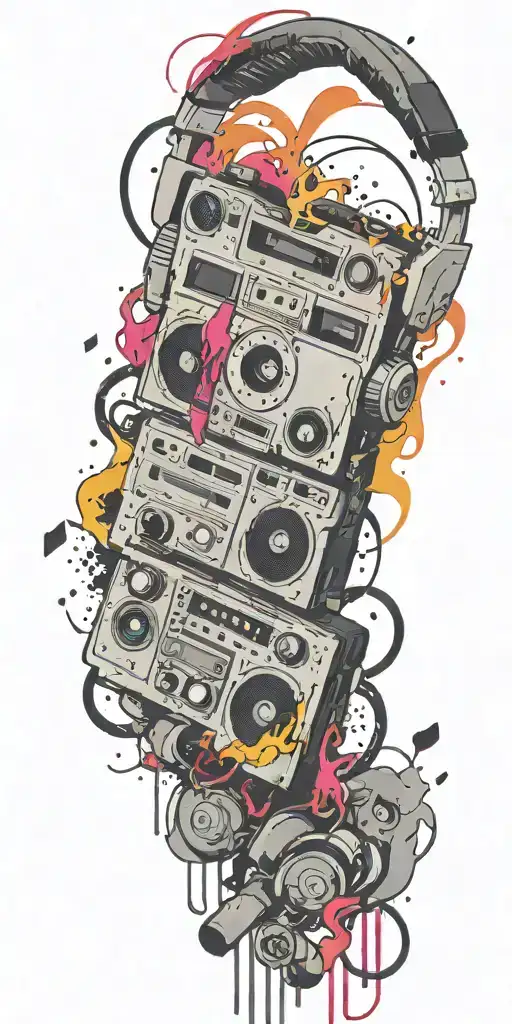 cassette tape, headphones, guitar bomb exploding tattoo design idea