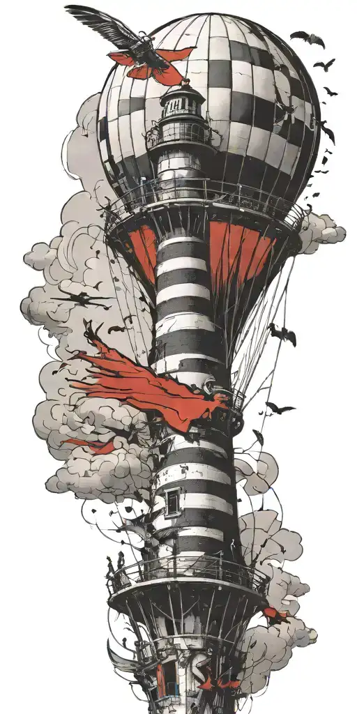 hot air balloon and lighthouse in a tornado never give up tattoo design idea