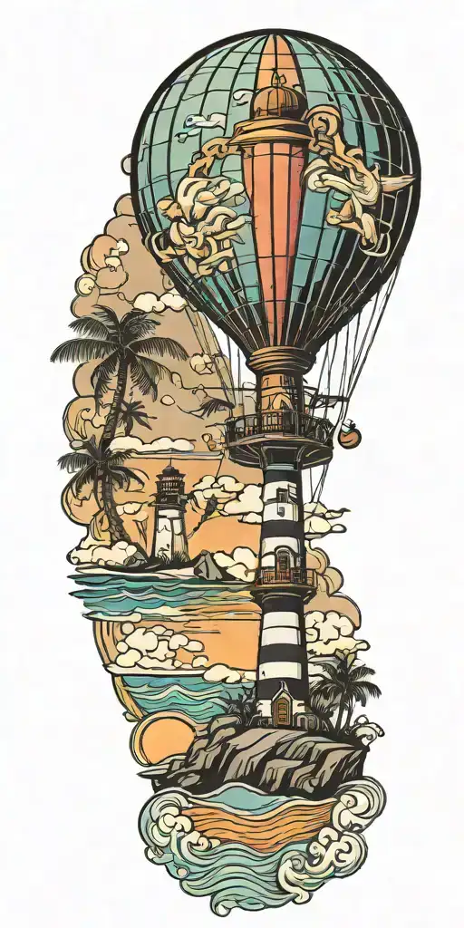 light house beach scene with palm trees and hot air balloons  tattoo design idea