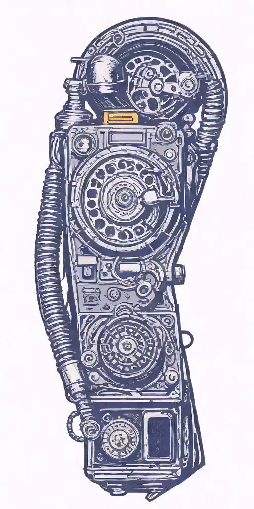 old school dial phone, speakers, record player spinning tattoo design idea