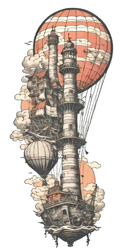 shipwreck hot air balloons and lighthouse tattoo design idea