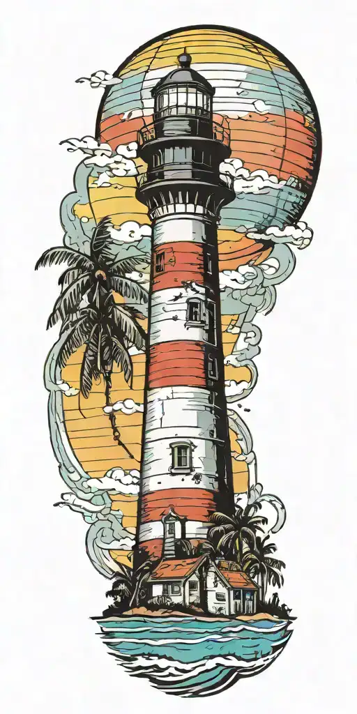 light house beach scene with palm trees and hot air balloons  tattoo design idea
