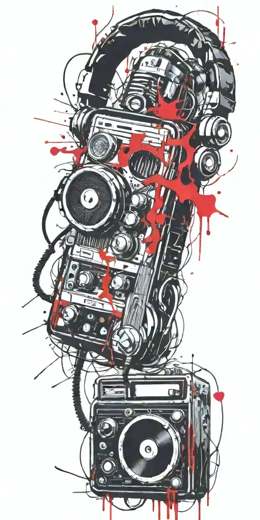 Grenade, cassette tape, headphones, guitar thunder storm  tattoo design idea