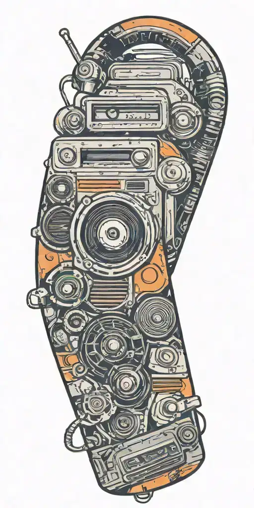 old school phone, record player, and speaker and microphone  tattoo design idea