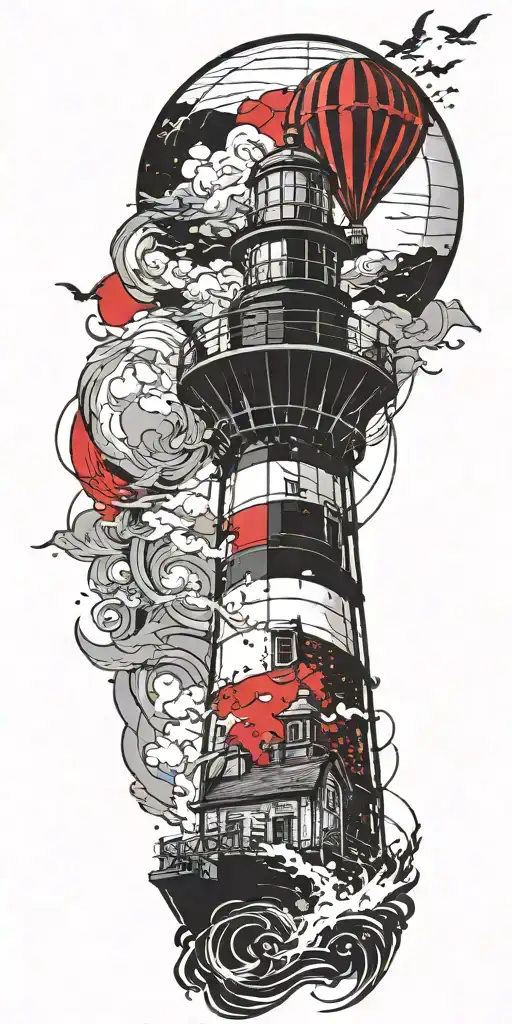 lighthouse and a hot air balloon in a tornado  tattoo design idea