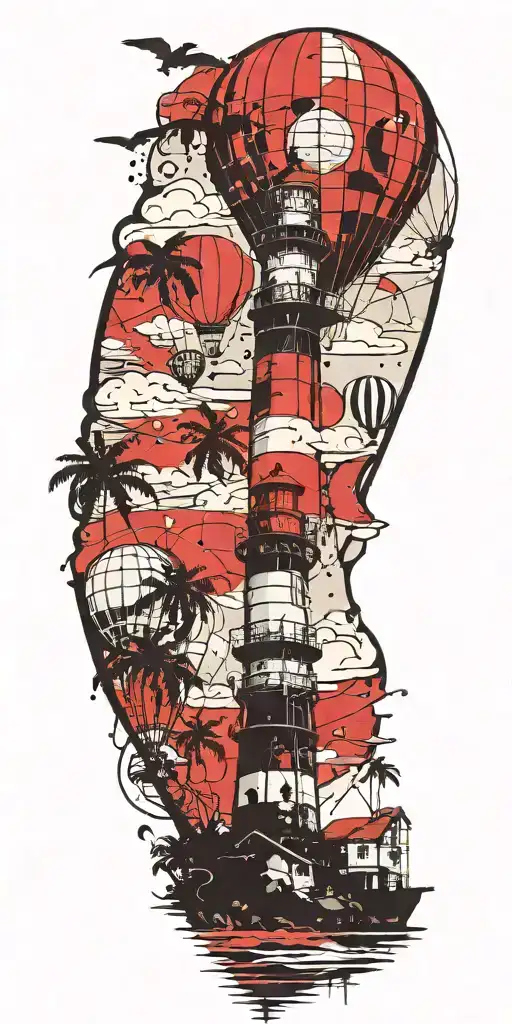 light house beach scene with palm trees and hot air balloons  tattoo design idea