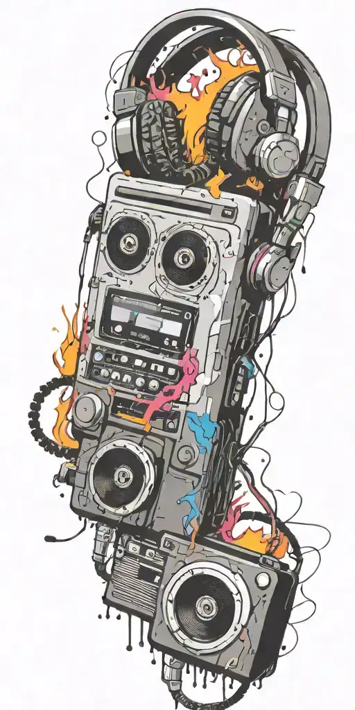 cassette tape, headphones, guitar bomb exploding tattoo design idea