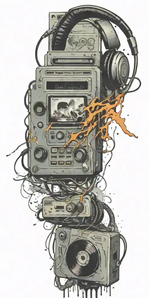 frozen audio cassette tape, headphones, guitar thunder storm  tattoo design idea