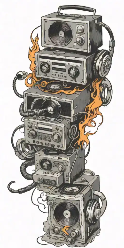 record player playing, headphones, and guitar in a tornado tattoo design idea