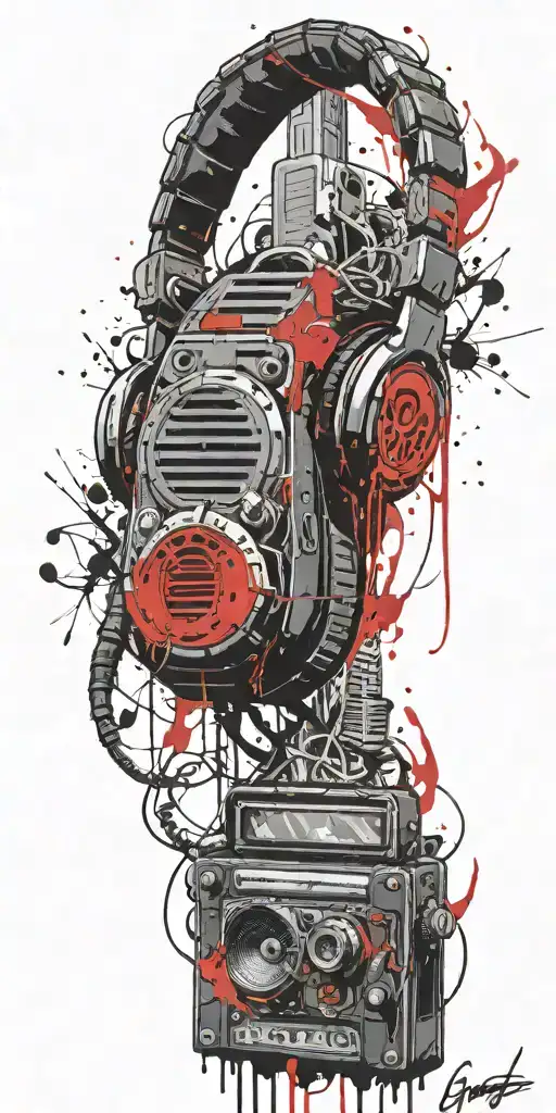 Grenade, cassette tape, headphones, guitar thunder storm  tattoo design idea