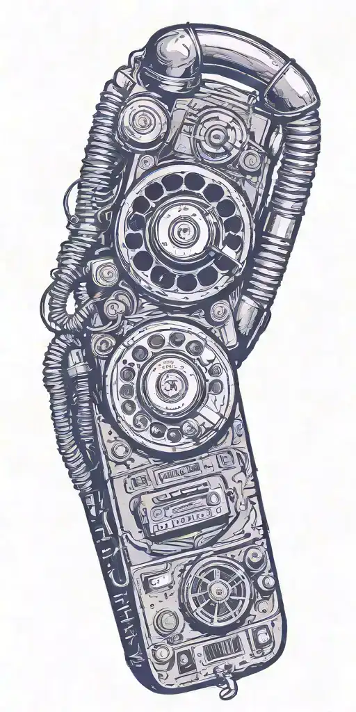 vintage old school dial phone, music speakers, and record player tornado  tattoo design idea