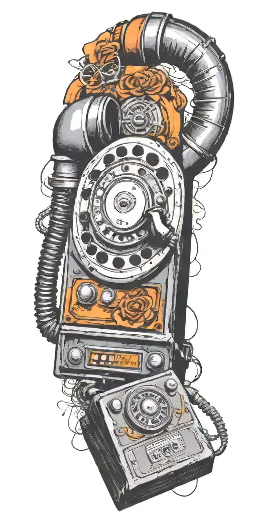 vintage old school dial phone, music speakers, and record player tornado  tattoo design idea