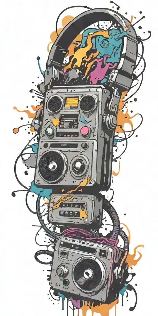 trippy cassette tape, headphones, guitar bomb exploding tattoo design idea