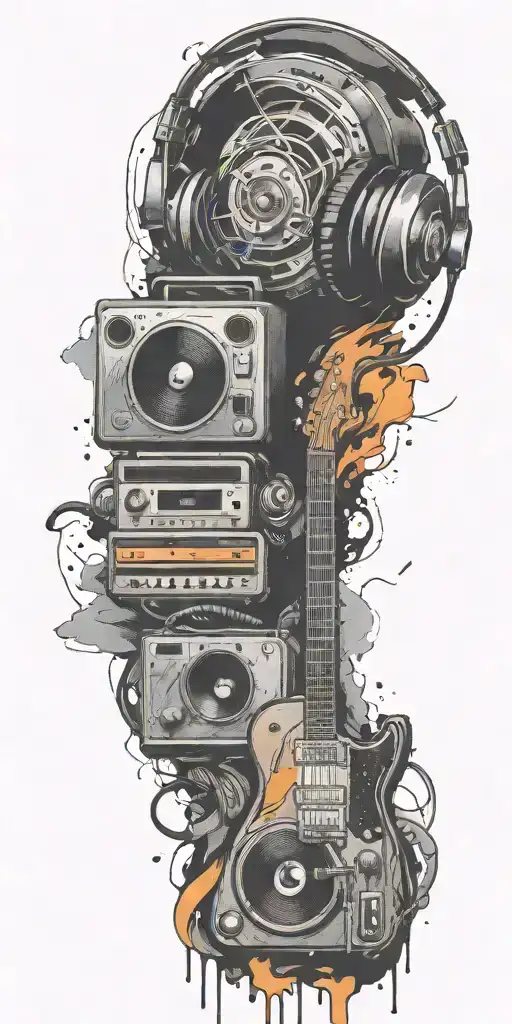 rock music guitar, record player, cassette tape headphones  in a tornado tattoo design idea