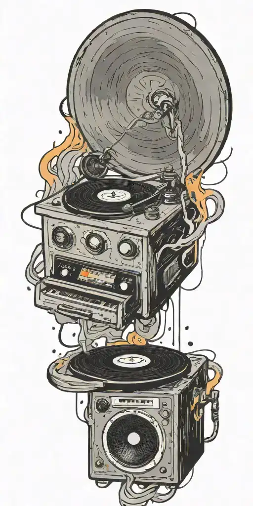 record player playing rock music out if speaker twisted in a tornado tattoo design idea