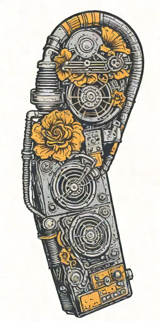 old school phone, record player, and rock music band speaker and microphone  tattoo design idea