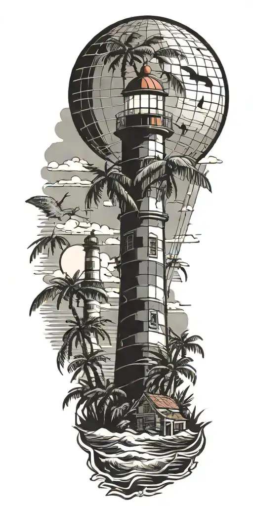 light house beach scene with palm trees and hot air balloons  tattoo design idea