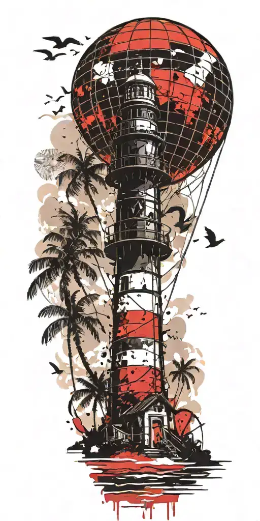 light house beach scene with palm trees and hot air balloons  tattoo design idea
