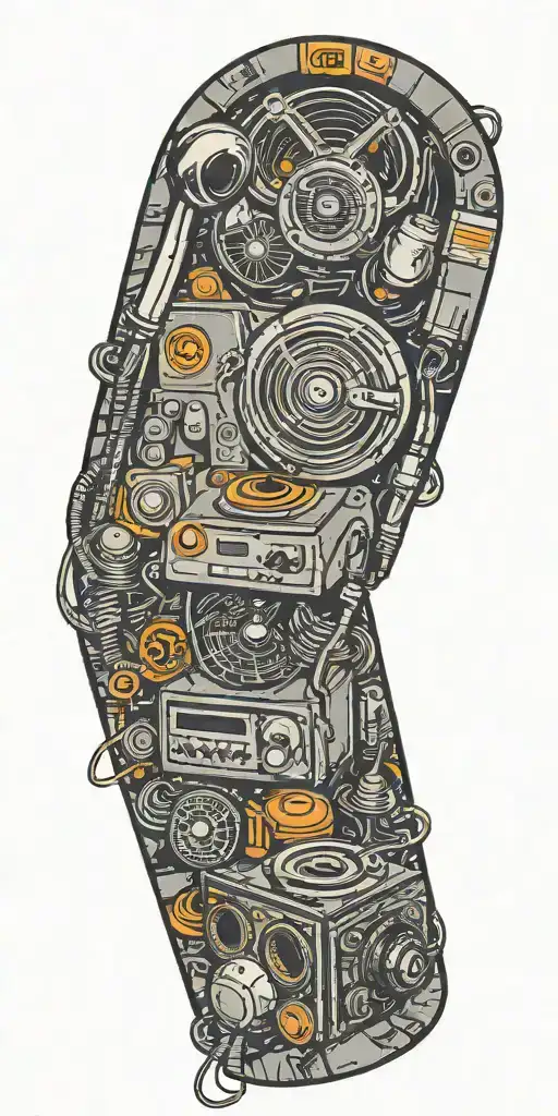 old school phone, record player, and rock music band speaker and microphone  tattoo design idea
